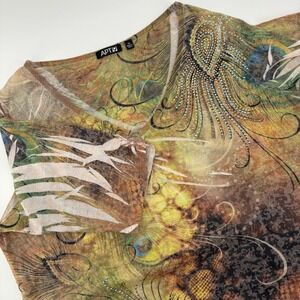 APT. 9 Womens XL Peacock Feather Rhinestone Embellished Sheer Top Blouse‎